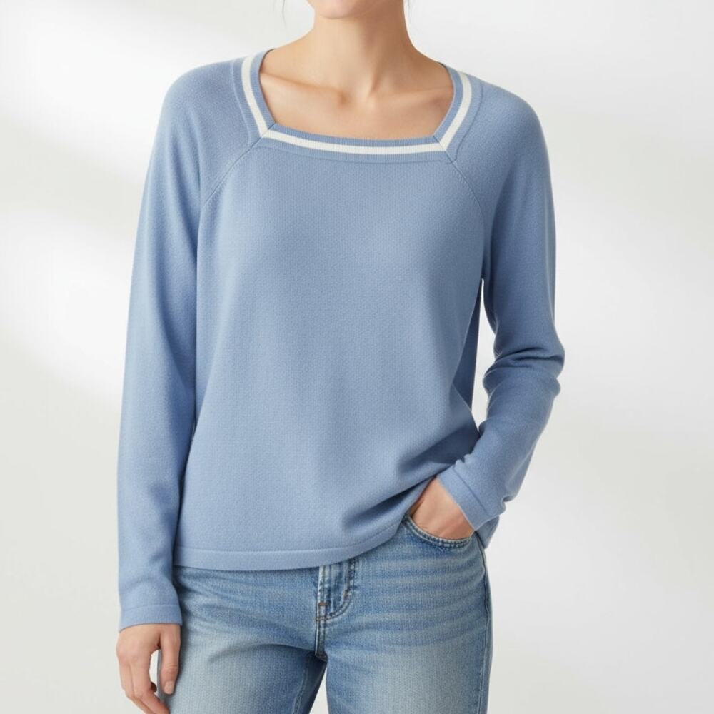 WinterSilks‎ Sweater Large Silk Blend Square Neck Periwinkle Blue Preppy Classic